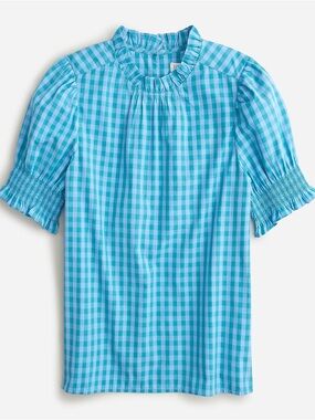 J. Crew Women’s Blue and Purple Checkered Puff Sleeve Top